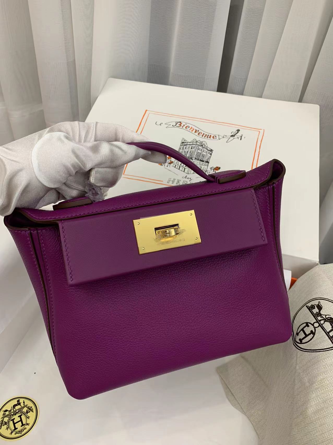 Hermes Kelly Mini 2424 21cm Handbag in Purple Clemence Leather 